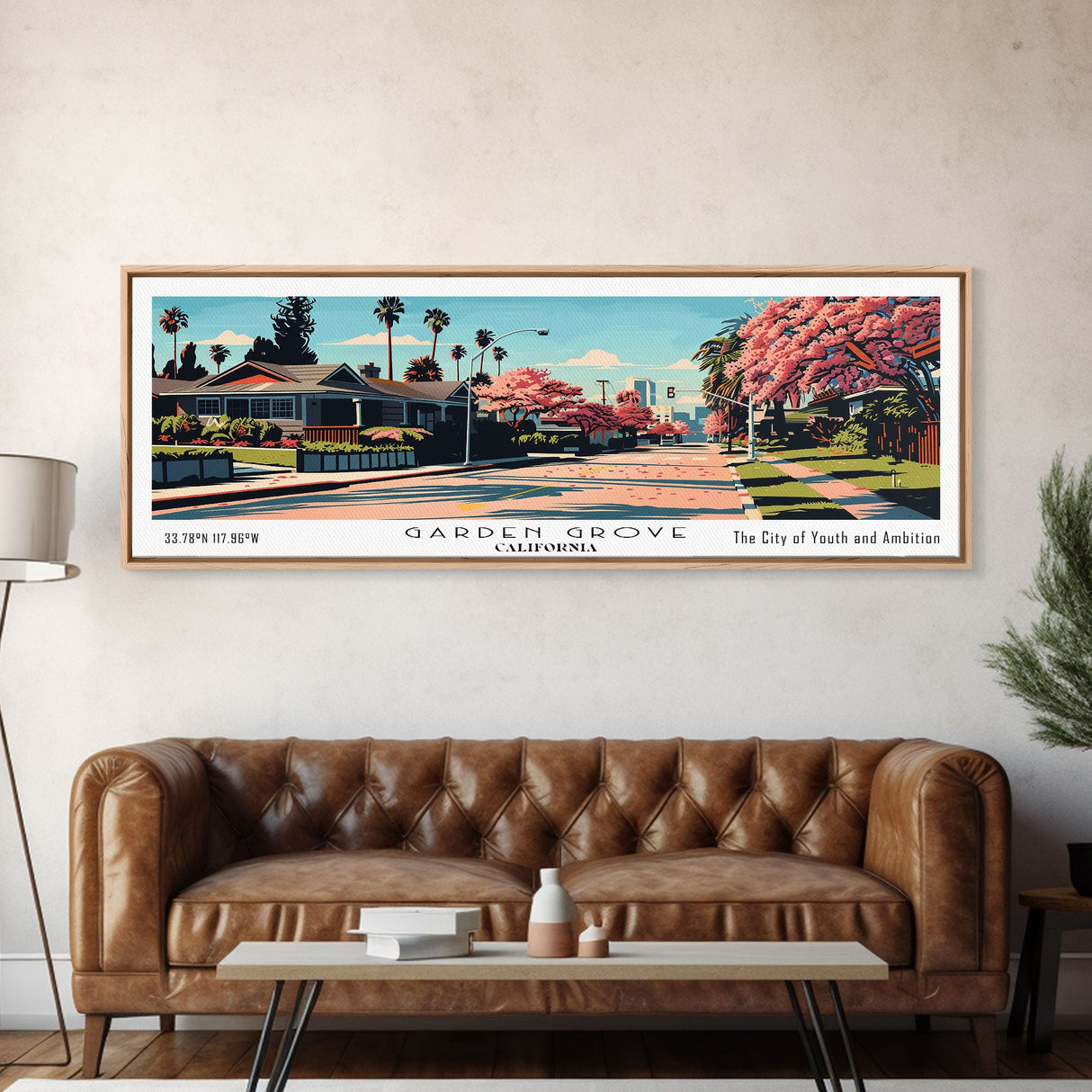 Garden Grove California Panoramic Painting, Framed Canvas Print, Mid Century Modern Wall Art, Retro Pop Art Travel Poster, Living Room Decor, City Art