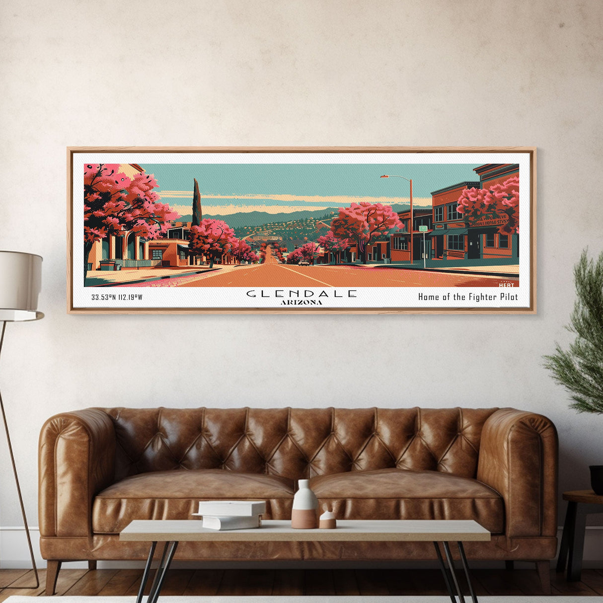 Glendale Arizona Panoramic Wall Art, Framed Canvas Print, Mid Century Modern Style, Retro Pop Art Travel Poster, Living Room Art, Home Decor, Cityscape