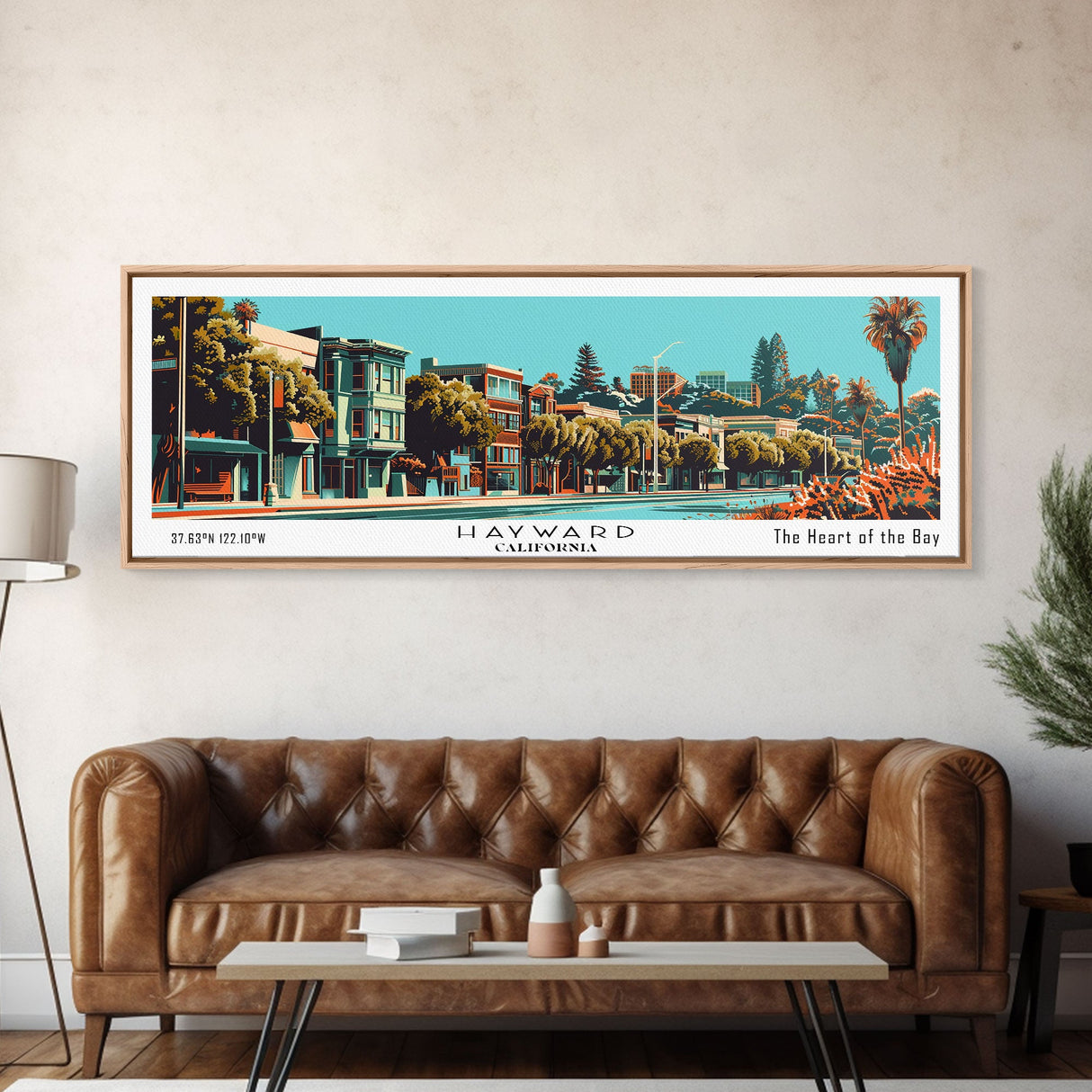 Hayward California Panoramic Painting, Framed Canvas Print, Mid Century Modern Wall Art, Retro Pop Art Travel Poster, Cityscape Decor, Office Wall Art, Home Decor