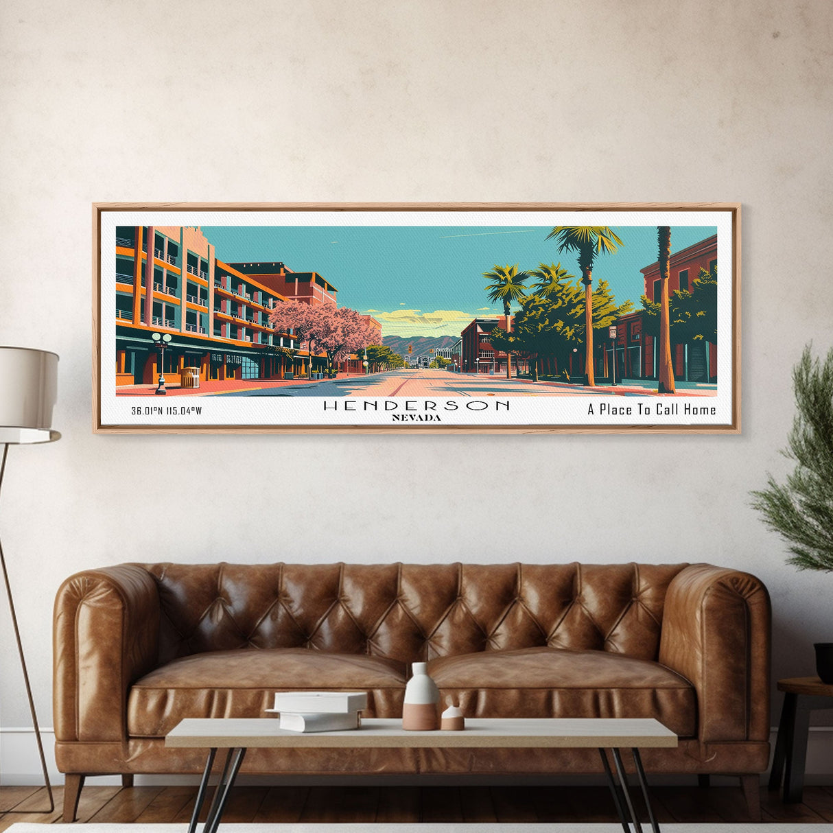 Henderson Nevada Panoramic Painting, Mid Century Modern Framed Canvas Print, City Art, Retro Pop Art Travel Poster, Living Room Decor, Home Office Art, Cityscape