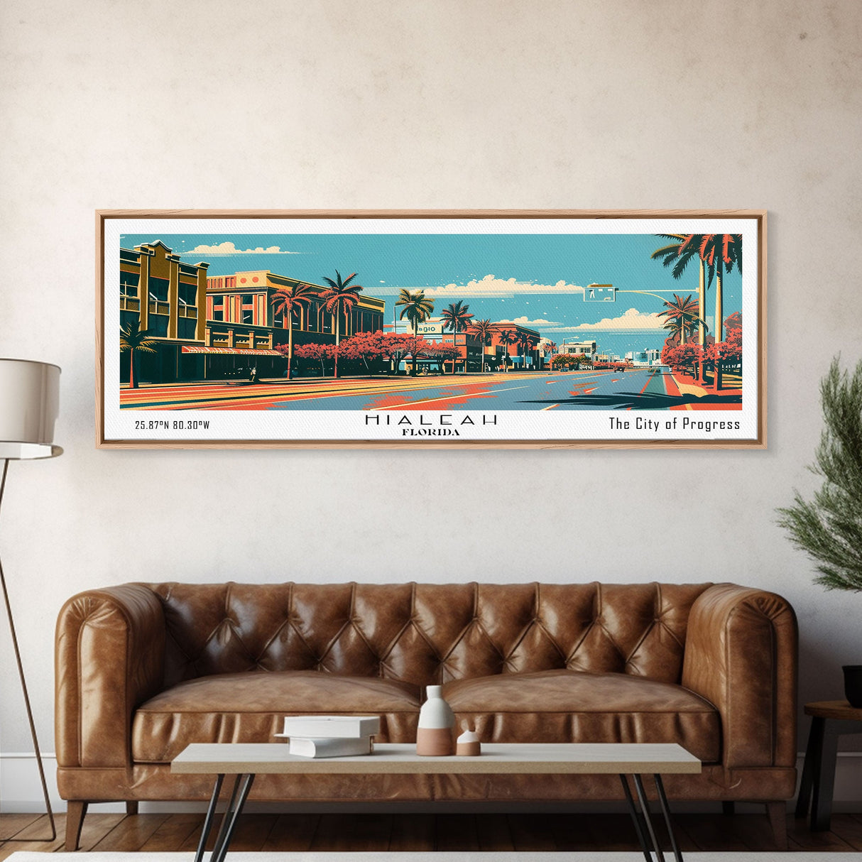 Hialeah Florida Panoramic Wall Art, Framed Canvas Print, Mid Century Modern Style, Retro Pop Art Travel Poster, Living Room Art, Cityscape Decor, Office Wall Art