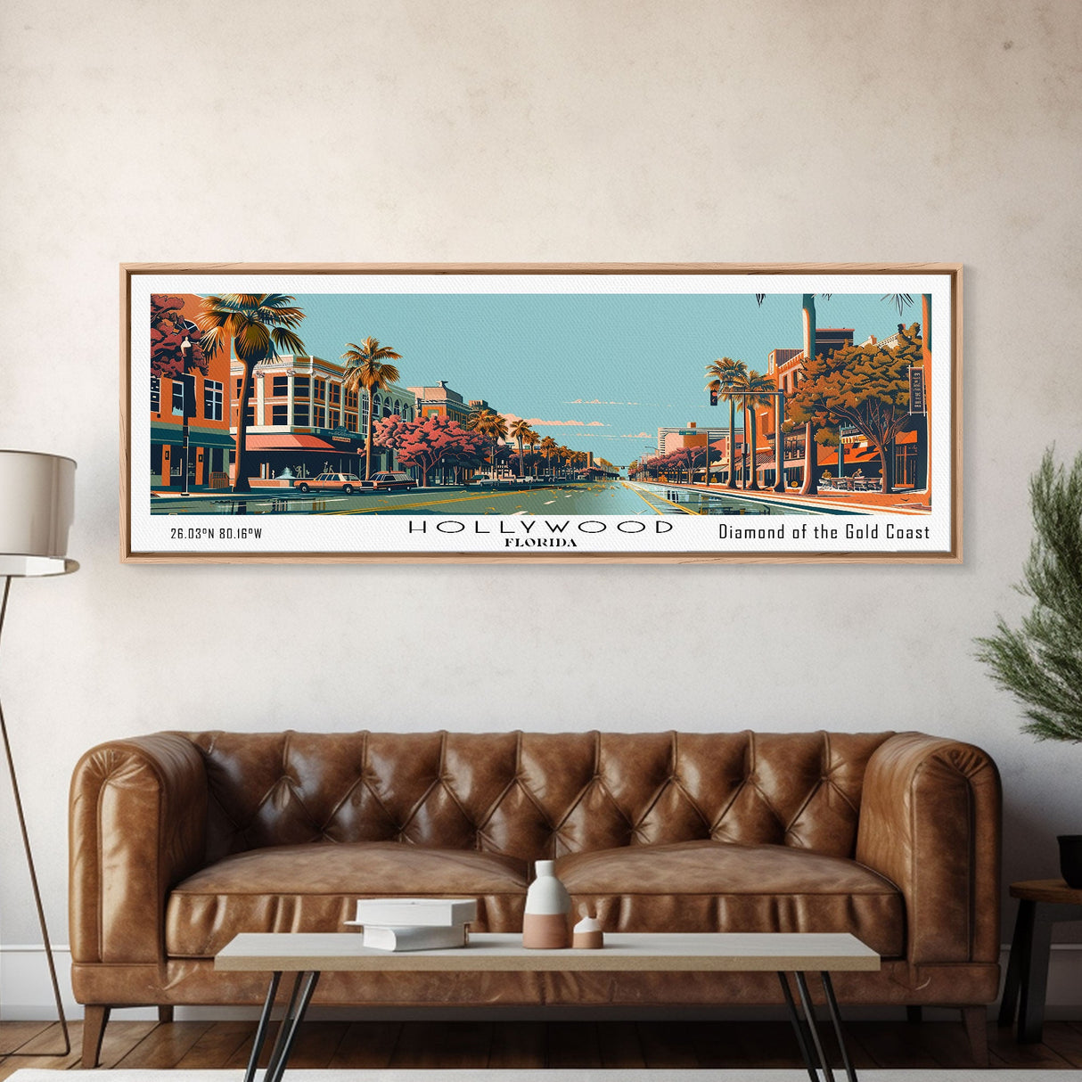 Hollywood Florida Panoramic Painting, Framed Canvas Print, Mid Century Modern Wall Art, Retro Pop Art Travel Poster, Office Decor, Cityscape Art, Living Room Decor