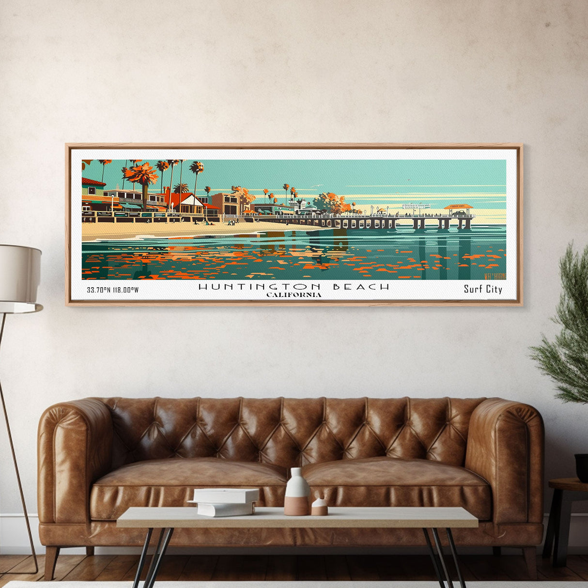 Huntington Beach California Panoramic Painting, Framed Canvas Print, Mid Century Modern Wall Art, Retro Pop Art Travel Poster, Cityscape Decor, Office Wall Art, Home Decor