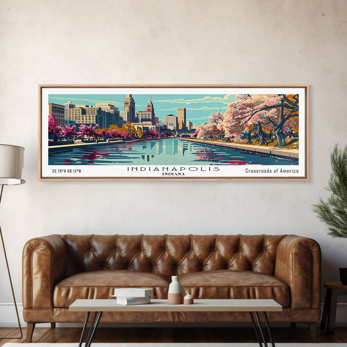 Indianapolis Indiana Panoramic Painting, Framed Canvas Print, Mid Century Modern Wall Art, Retro Pop Art Travel Poster, Cityscape Decor, Living Room Art, Office Wall Art