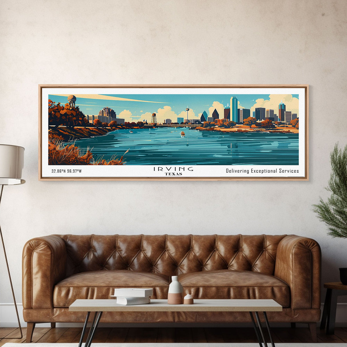 Irving Texas Panoramic Painting, Mid Century Modern Framed Canvas Print, City Art, Retro Pop Art Travel Poster, Living Room Decor, Office Art, Cityscape Wall Art