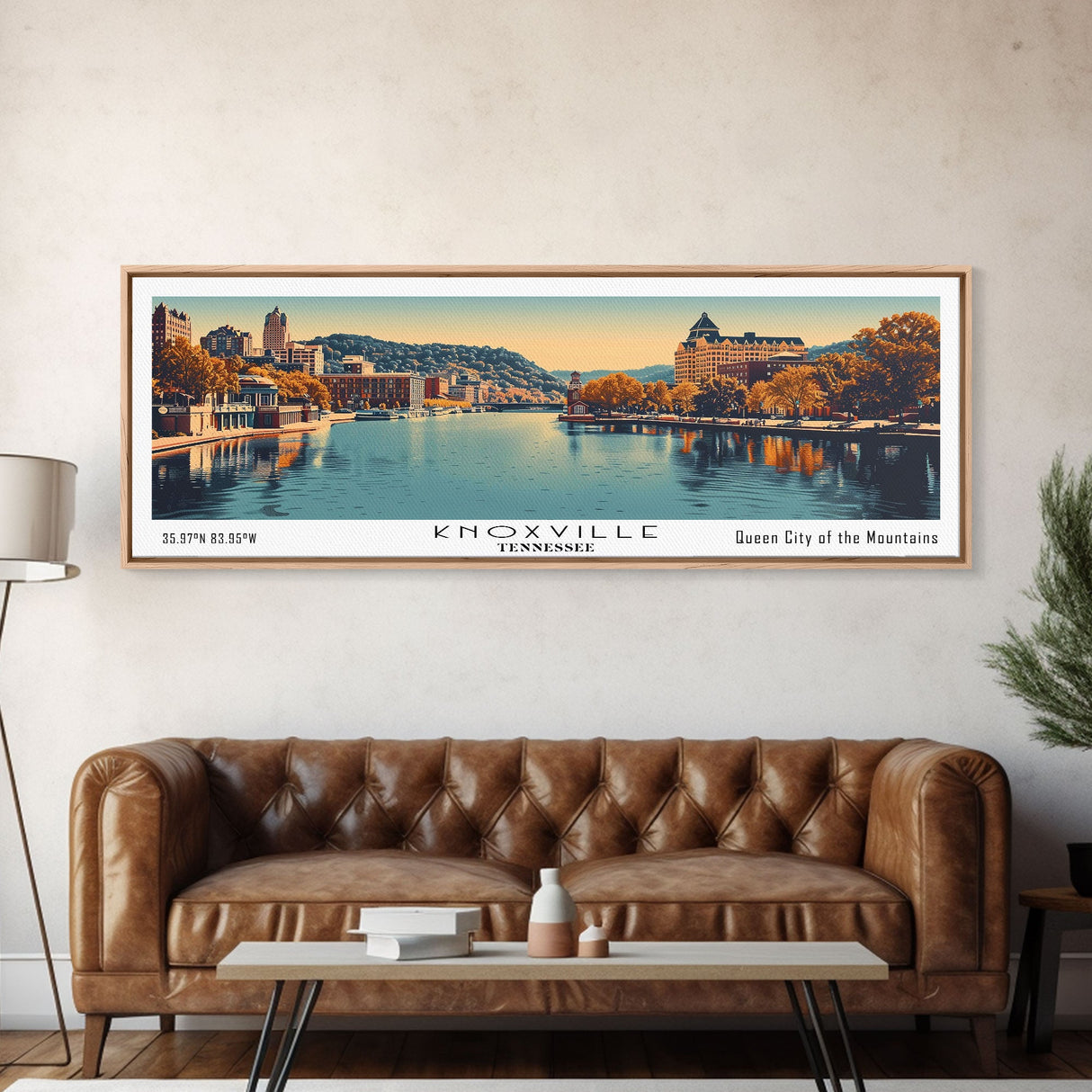 Knoxville Tennessee Panoramic Painting, Framed Canvas Print, Mid Century Modern Wall Art, Retro Pop Art Travel Poster, Cityscape Decor, Living Room Art, Office Wall Art