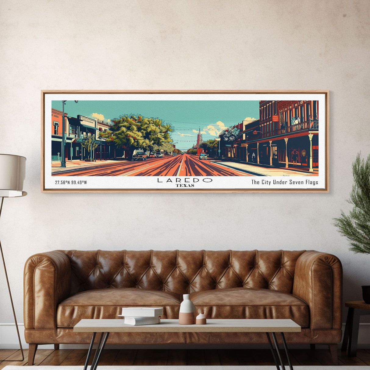 Laredo Texas Panoramic Wall Art, Mid Century Modern Framed Canvas Print, Retro Pop Art Travel Poster, Living Room Decor, Cityscape Art, Home Office Decor