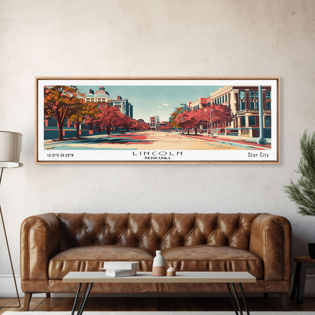 Lincoln Nebraska Panoramic Wall Art, Mid Century Modern Framed Canvas Print, Retro Pop Art Travel Poster, Office Decor, Gift Idea