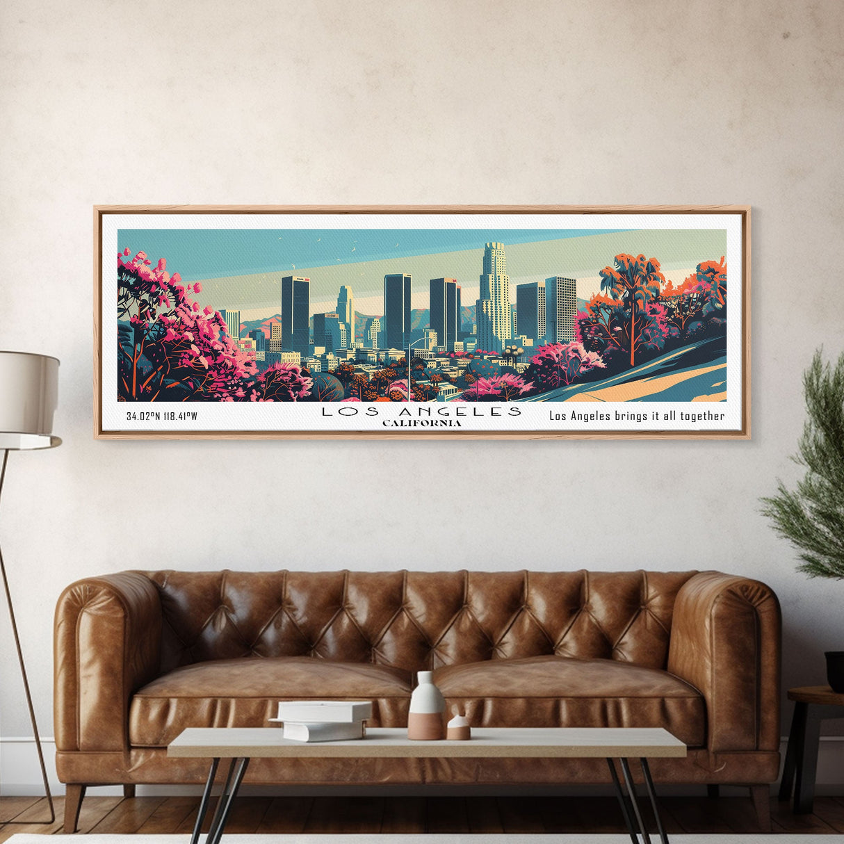 Los Angeles California Mid Century Modern Framed Canvas Print, Retro Pop Art Travel Poster, Home Decor, City Art, Panoramic Painting