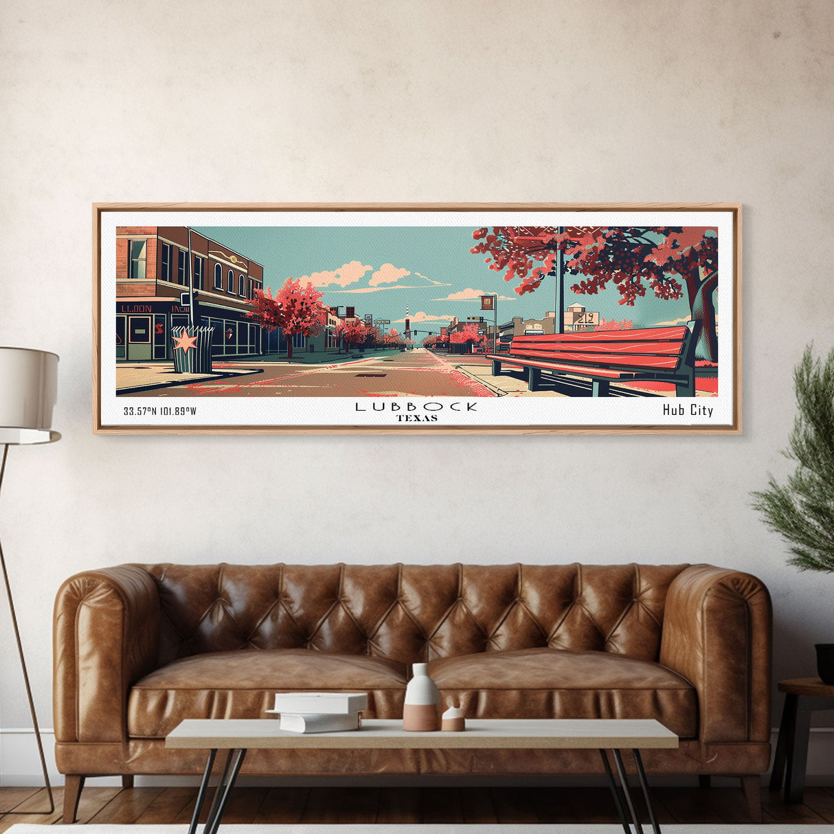 Lubbock Texas Panoramic Painting, Mid Century Modern Framed Canvas Print, Retro Pop Art Travel Poster, Living Room Decor, Gift Idea