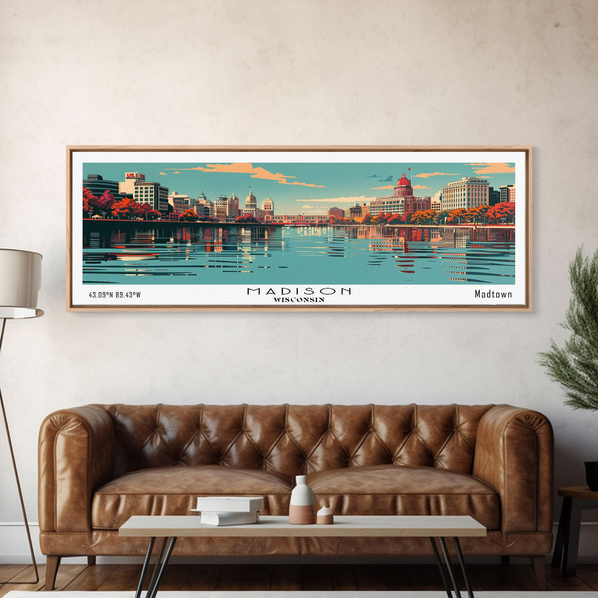 Madison Wisconsin Mid Century Modern Framed Canvas Print, Retro Pop Art Travel Poster, Home Decor, Living Room Art, Panoramic View