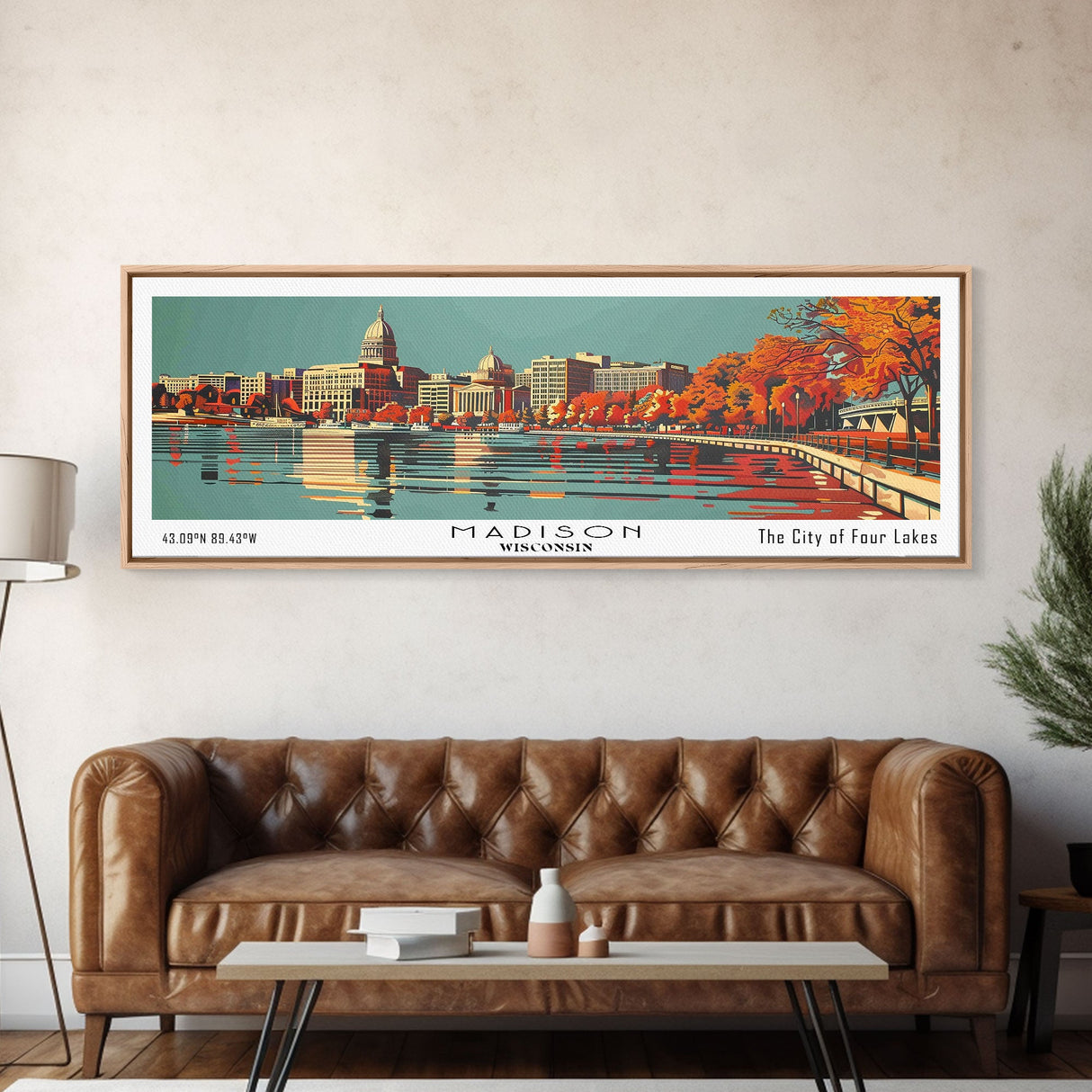 Madison Wisconsin Panoramic Wall Art, Mid Century Modern Framed Canvas Print, Retro Pop Art Travel Poster, Office Decor, Gift Idea