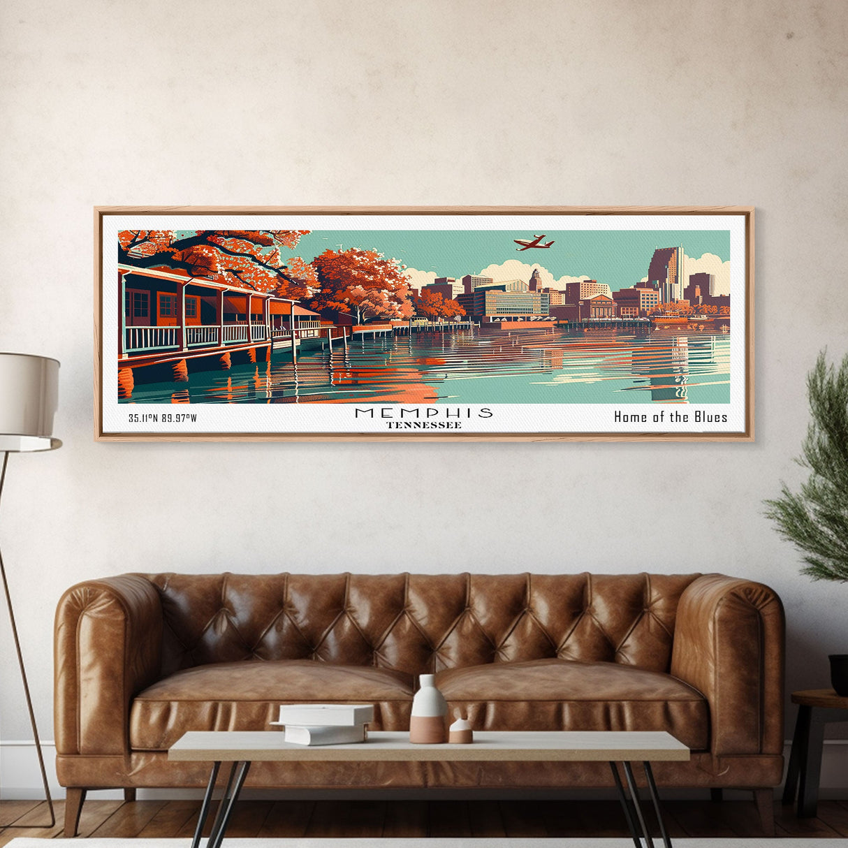 Memphis Tennessee Panoramic Wall Art, Mid Century Modern Framed Canvas Print, Retro Pop Art Travel Poster, Office Decor, Cityscape Art