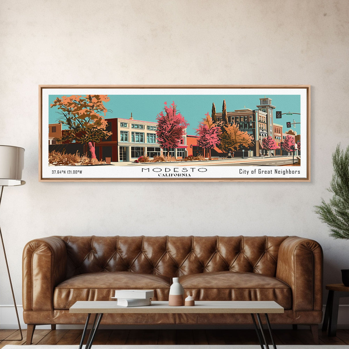 Modesto California Panoramic Wall Art, Mid Century Modern Framed Canvas Print, Retro Pop Art Travel Poster, Office Decor, Living Room Art