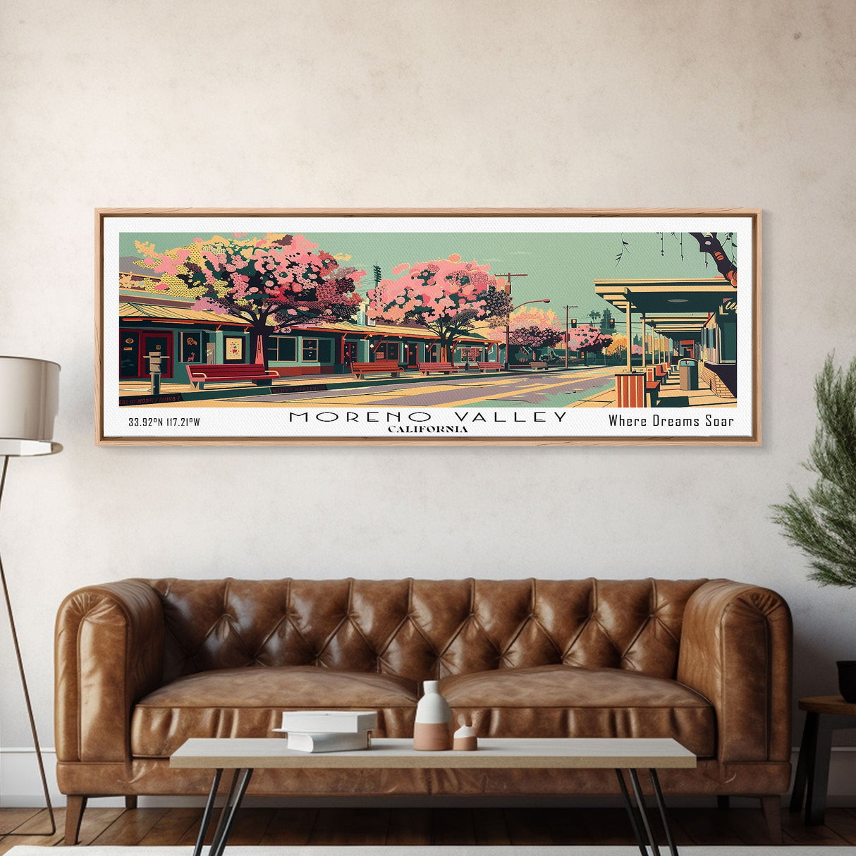 Moreno Valley California Panoramic View, Mid Century Modern Framed Canvas Print, Retro Pop Art Travel Poster, Office Decor, Gift Idea