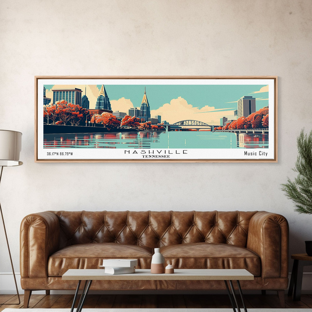 Nashville Tennessee Panoramic Painting, Mid Century Modern Framed Canvas Print, Retro Pop Art Travel Poster, Living Room Decor, City Art