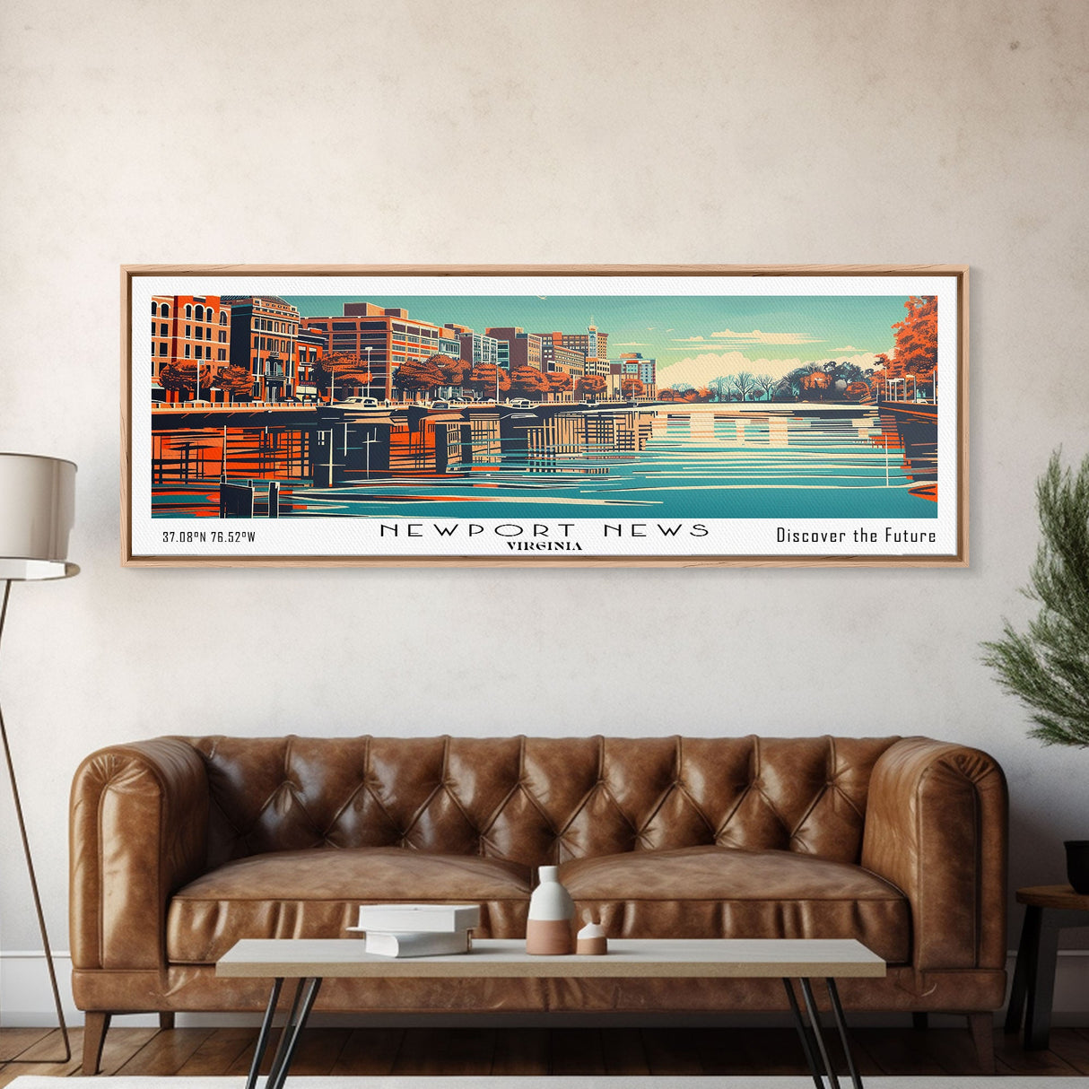 Newport News Virginia Panoramic Wall Art, Mid Century Modern Framed Canvas Print, Retro Pop Art Travel Poster, Office Decor, Cityscape Art