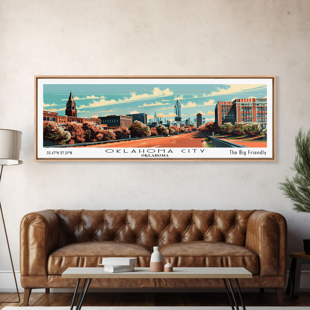 Oklahoma City Oklahoma Panoramic Wall Art, Mid Century Modern Framed Canvas Print, Retro Pop Art Travel Poster, Office Decor, Gift Idea