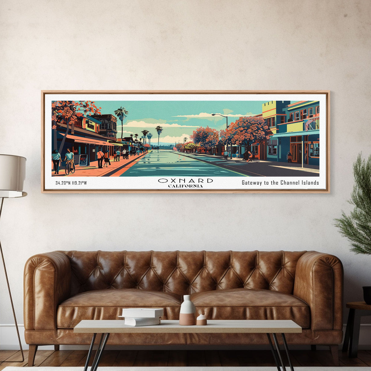 Oxnard California Panoramic Painting, Mid Century Modern Framed Canvas Print, Retro Pop Art Travel Poster, Living Room Decor, City Art