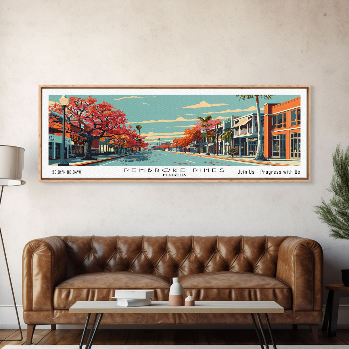 Pembroke Pines Florida Panoramic Wall Art, Mid Century Modern Framed Canvas Print, Retro Pop Art Travel Poster, Office Decor, Living Room Art