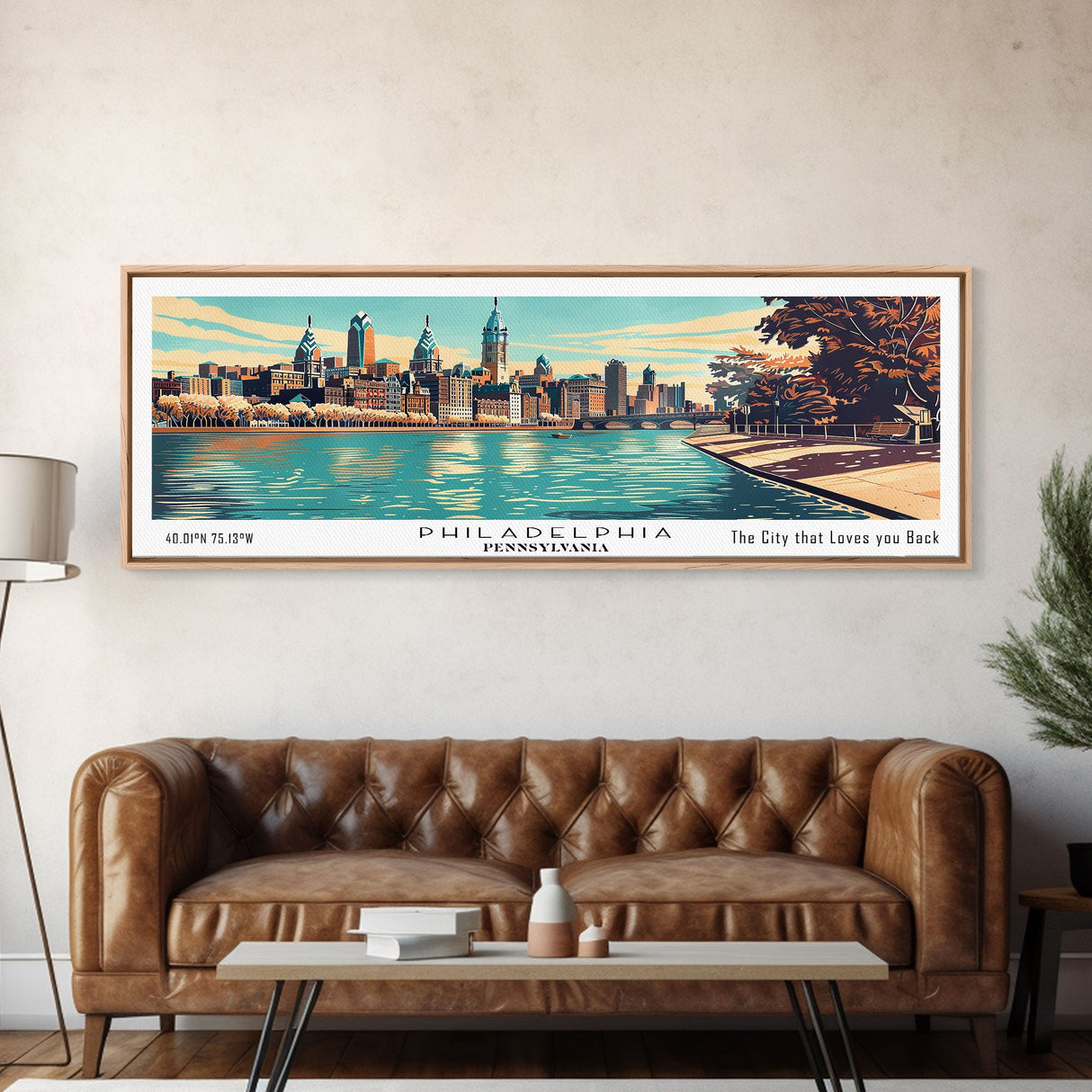 Philadelphia Pennsylvania Panoramic Painting, Mid Century Modern Framed Canvas Print, Retro Pop Art Travel Poster, Home Decor, Cityscape Art