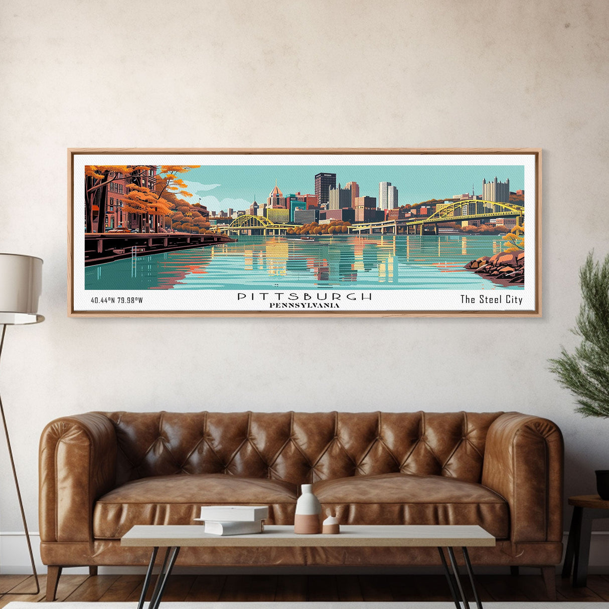 Pittsburgh Pennsylvania Panoramic Wall Art, Mid Century Modern Framed Canvas Print, Retro Pop Art Travel Poster, Office Decor, Gift Idea