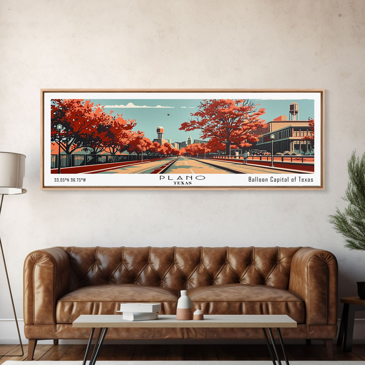 Plano Texas Panoramic Painting, Mid Century Modern Framed Canvas Print, Retro Pop Art Travel Poster, Living Room Decor, City Art