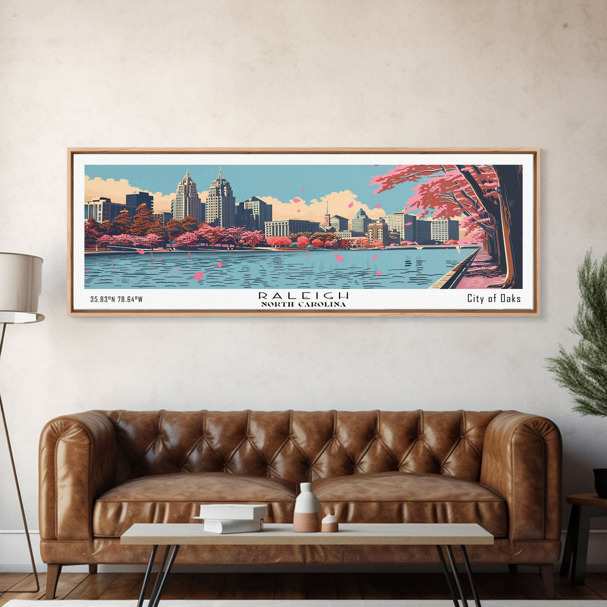 Raleigh North Carolina Panoramic Wall Art, Mid Century Modern Framed Canvas Print, Retro Pop Art Travel Poster, Office Decor, Gift Idea