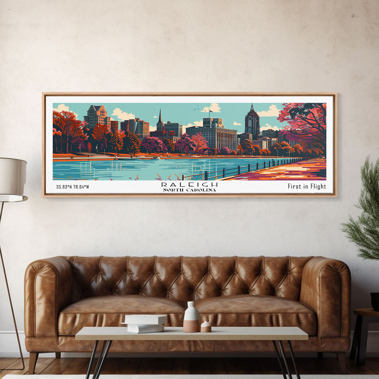 Raleigh North Carolina Panoramic Wall Art, Mid Century Modern Framed Canvas Print, Retro Pop Art Travel Poster, Office Decor, Gift Idea