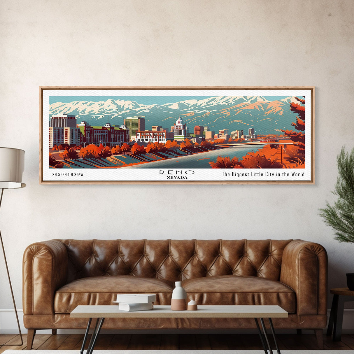 Reno Nevada Panoramic Painting, Mid Century Modern Framed Canvas Print, Retro Pop Art Travel Poster, Living Room Wall Decor