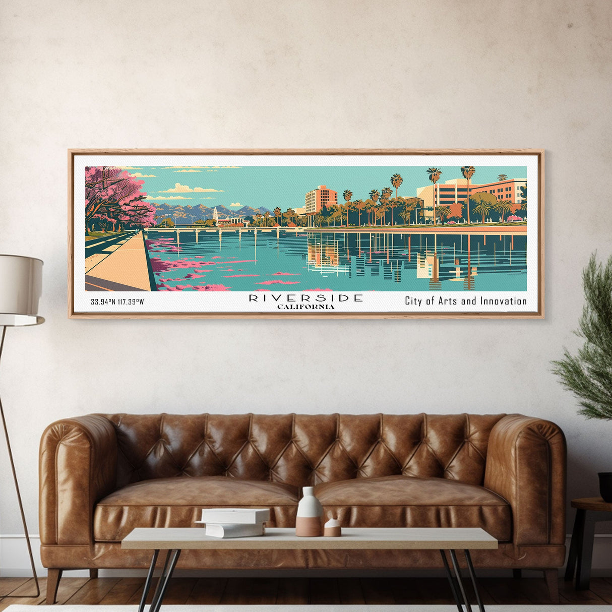 Riverside California Panoramic Wall Art, Mid Century Modern Framed Canvas Print, Retro Pop Art Cityscape, Travel Poster, Living Room Decor