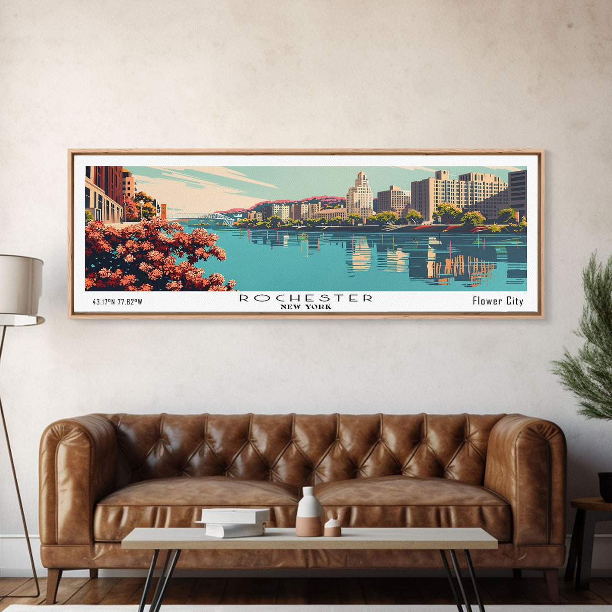 Rochester New York Panoramic Painting, Mid Century Modern Framed Canvas Print, Retro Pop Art Travel Poster, Cityscape, Home Decor, Office Wall Art