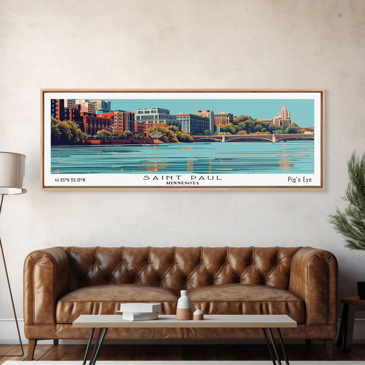 Saint Paul Minnesota Panoramic Wall Art, Mid Century Modern Framed Canvas Print, Retro Pop Art Cityscape, Travel Poster, Living Room Decor