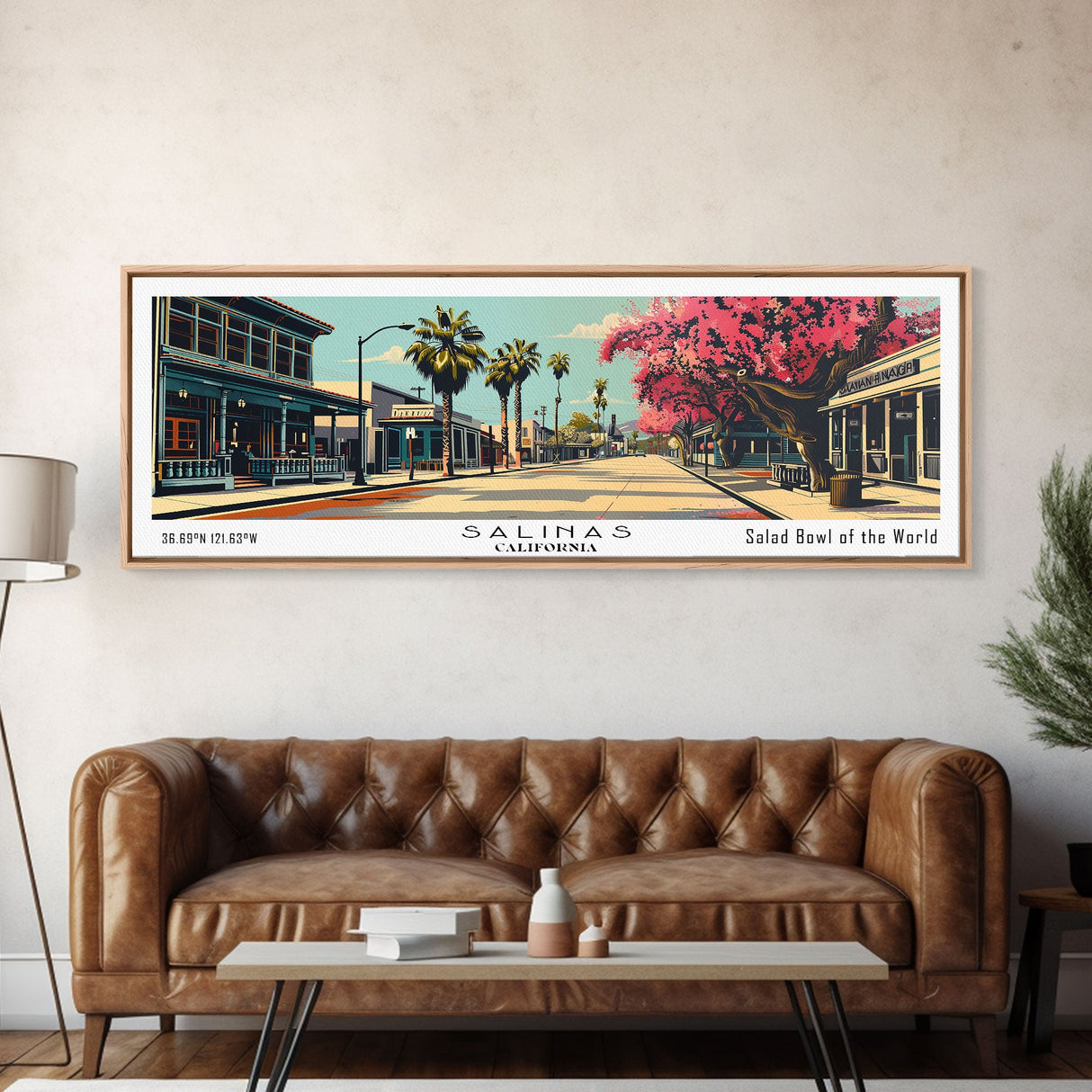 Salinas California Panoramic Painting, Mid Century Modern Framed Canvas Print, Retro Pop Art Travel Poster, Cityscape, Home Decor, Office Wall Art