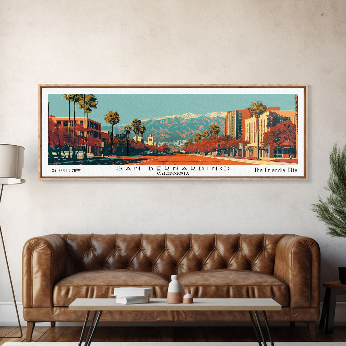 San Bernardino California Panoramic Wall Art, Mid Century Modern Framed Canvas Print, Retro Pop Art Cityscape, Travel Poster, Living Room Decor