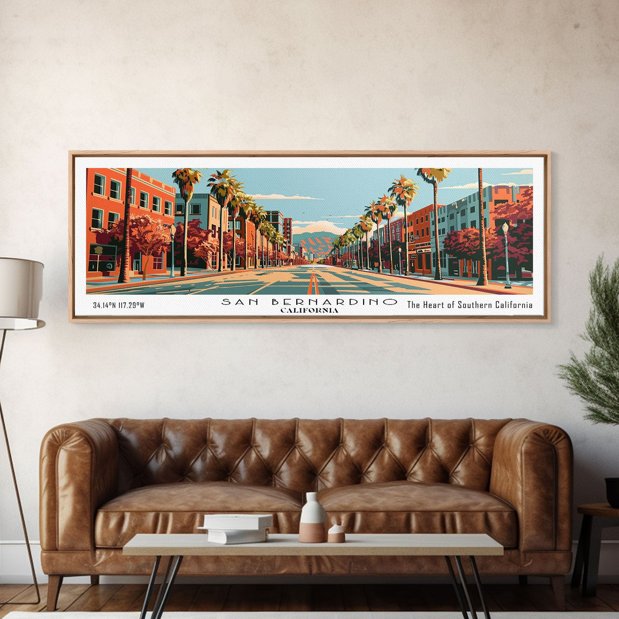 San Bernardino California Panoramic Painting, Mid Century Modern Framed Canvas Print, Retro Pop Art Travel Poster, Cityscape, Home Decor, Office Wall Art