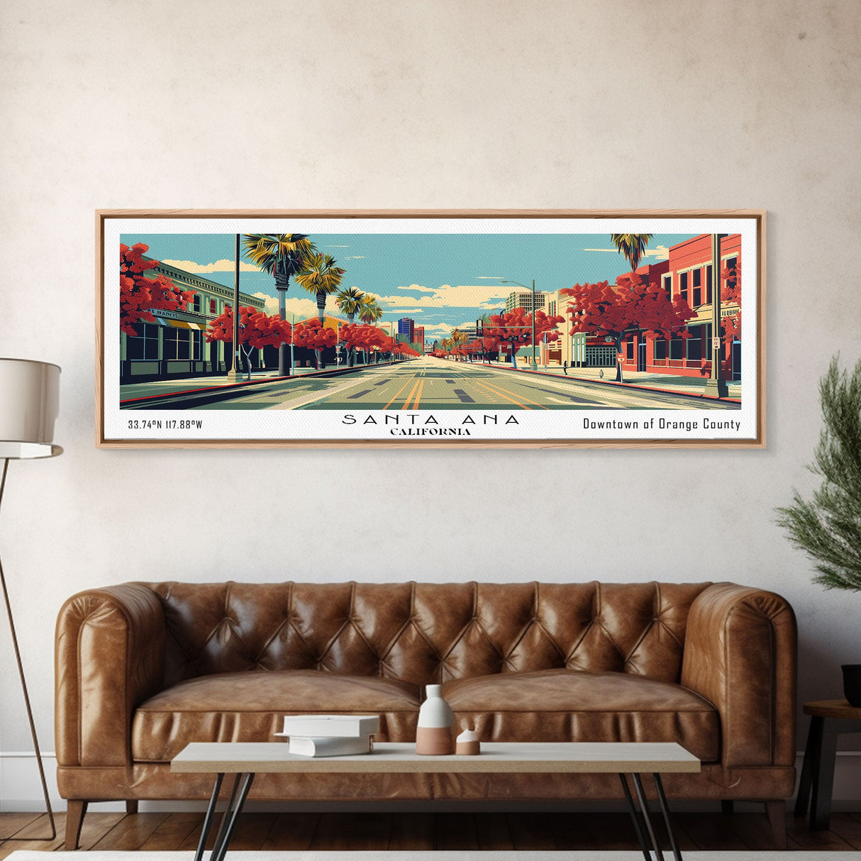 Santa Ana California Panoramic Wall Art, Mid Century Modern Framed Canvas Print, Retro Pop Art Cityscape, Travel Poster, Living Room Decor