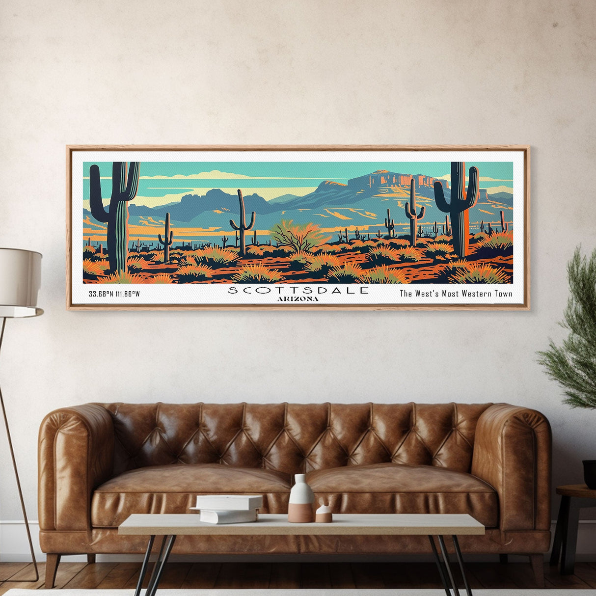 Scottsdale Arizona Panoramic Painting, Mid Century Modern Framed Canvas Print, Retro Pop Art Travel Poster, Cityscape, Home Decor, Office Wall Art