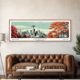 Seattle Washington Panoramic Painting, Mid Century Modern Framed Canvas Print, Retro Pop Art Travel Poster, Cityscape, Home Decor, Office Wall Art