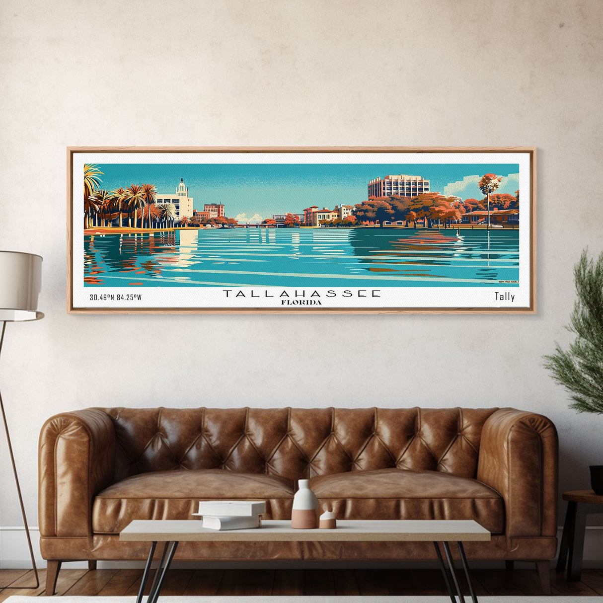 Tallahassee Florida Panoramic Painting, Mid Century Modern Framed Canvas Print, Retro Pop Art Travel Poster, Cityscape, Home Decor, Office Wall Art