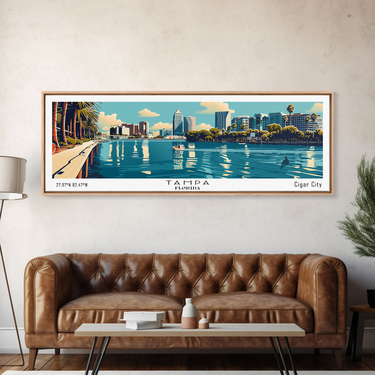 Tampa Florida Panoramic Wall Art, Mid Century Modern Framed Canvas Print, Retro Pop Art Cityscape, Travel Poster, Living Room Decor