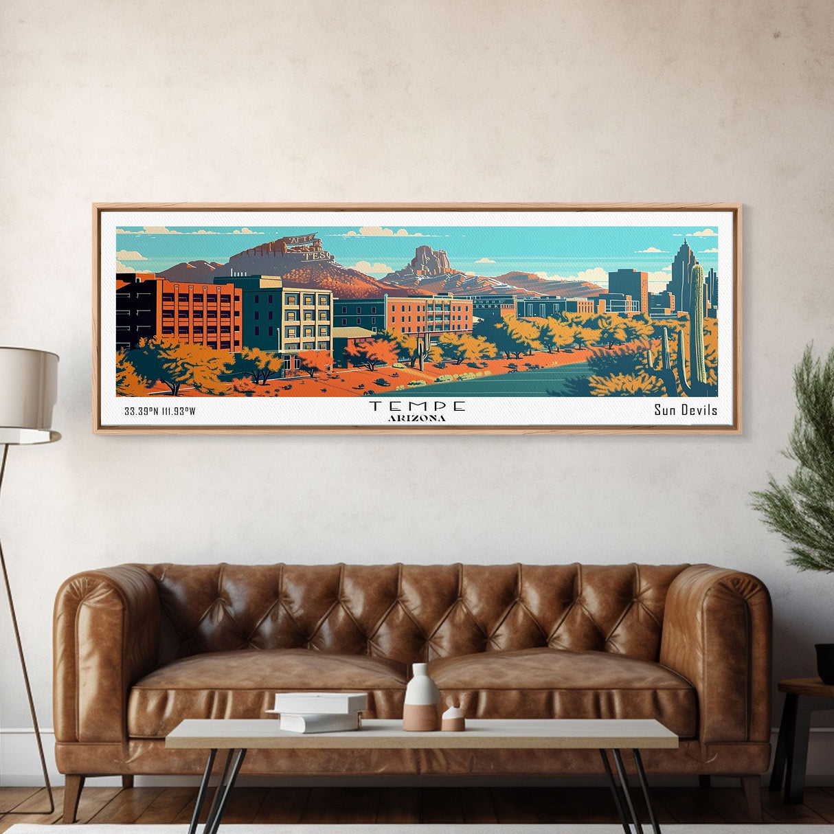 Tempe Arizona Panoramic Painting, Mid Century Modern Framed Canvas Print, Retro Pop Art Travel Poster, Cityscape, Home Decor, Office Wall Art