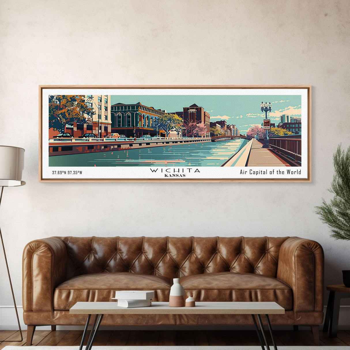 Wichita Kansas Panoramic Wall Art, Mid Century Modern Framed Canvas Print, Retro Pop Art Travel Poster, Cityscape Decor, Office Wall Art