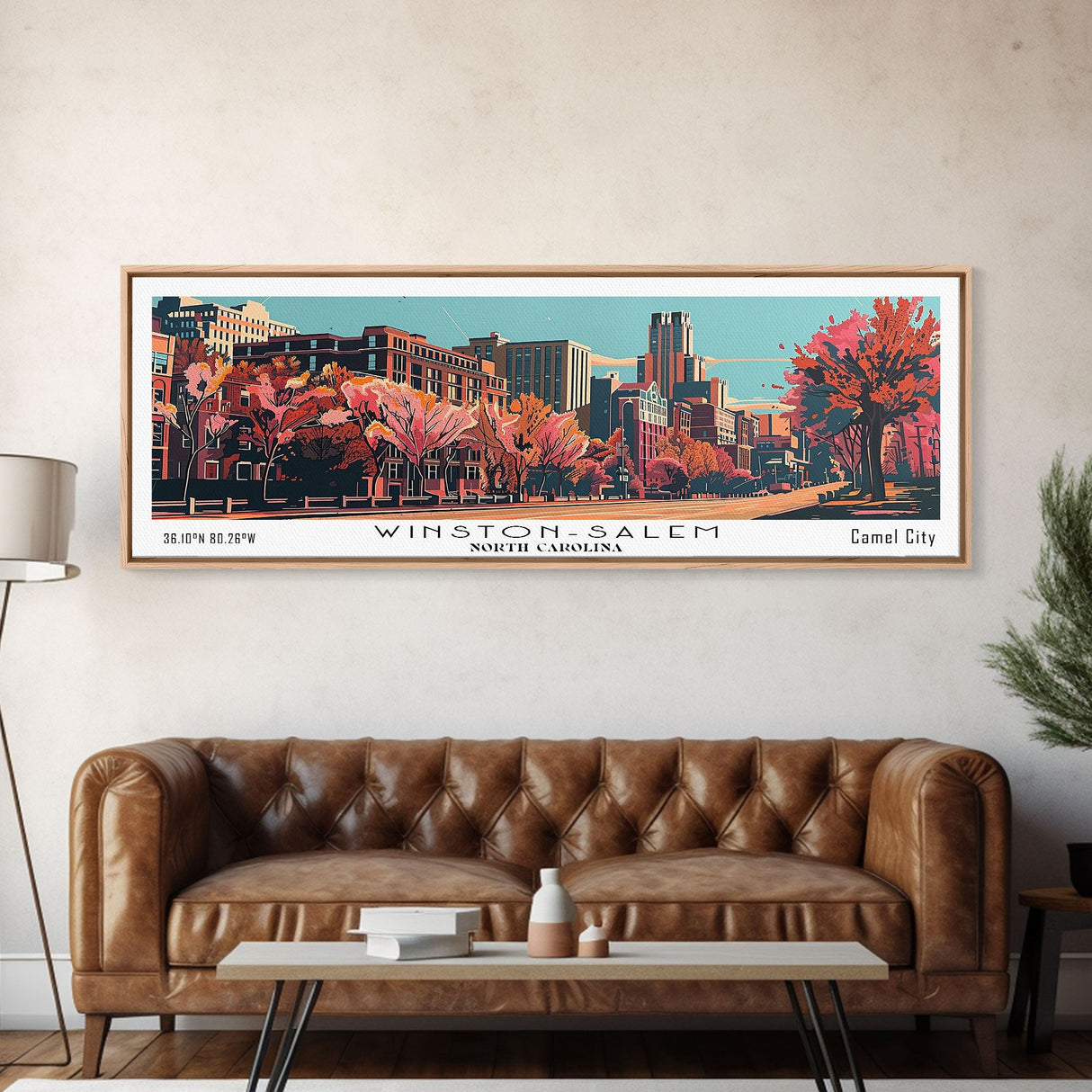 Winston-Salem North Carolina Panoramic Wall Art, Mid Century Modern Framed Canvas Print, Retro Pop Art Travel Poster, Cityscape Decor, Living Room Art