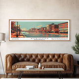 Worcester Massachusetts Panoramic Wall Art, Mid Century Modern Framed Canvas Print, Retro Pop Art Travel Poster, Cityscape Decor, Office Wall Art