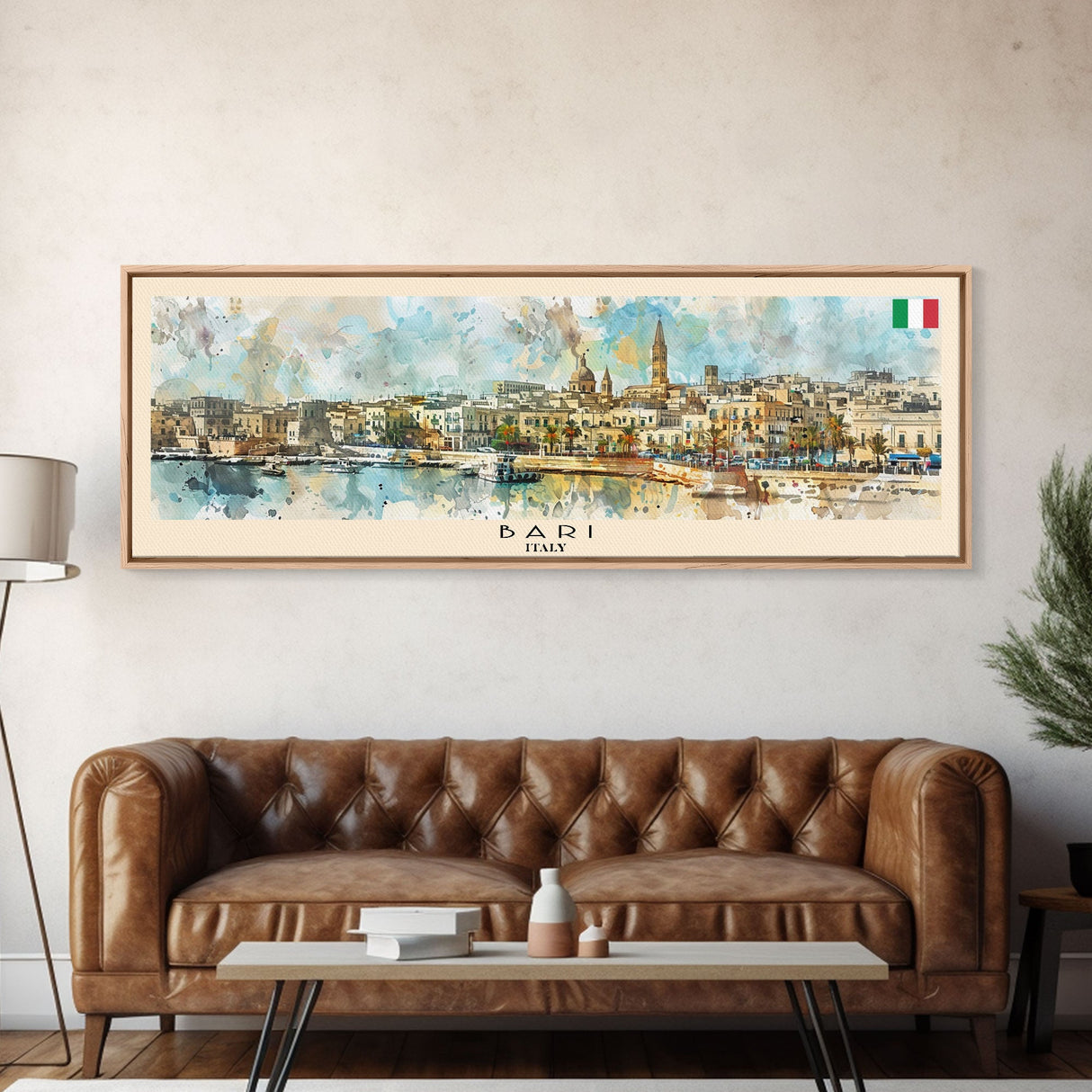 Bari Italy Panoramic Travel Poster, Framed Canvas Print or Metal Wall Art, Travel Art, Home Decor, Panoramic Painting, Midcentury Art