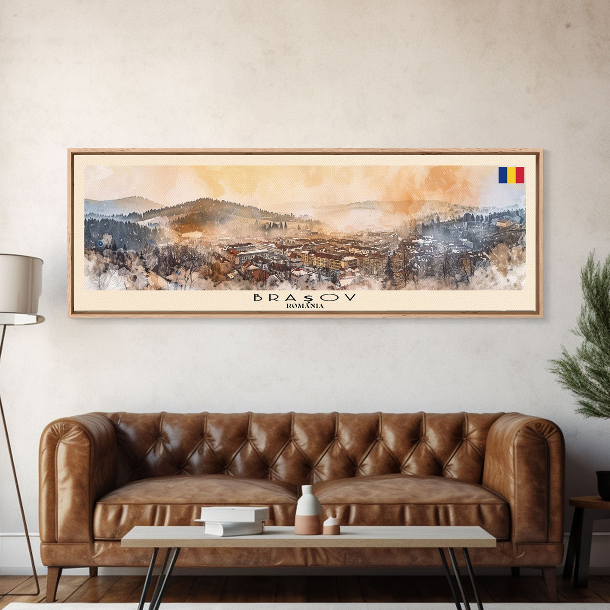 Brasov Romania Panoramic Travel Poster, Framed Canvas Print or Metal Wall Art, Travel Art, Home Decor, Panoramic Painting, Midcentury Art