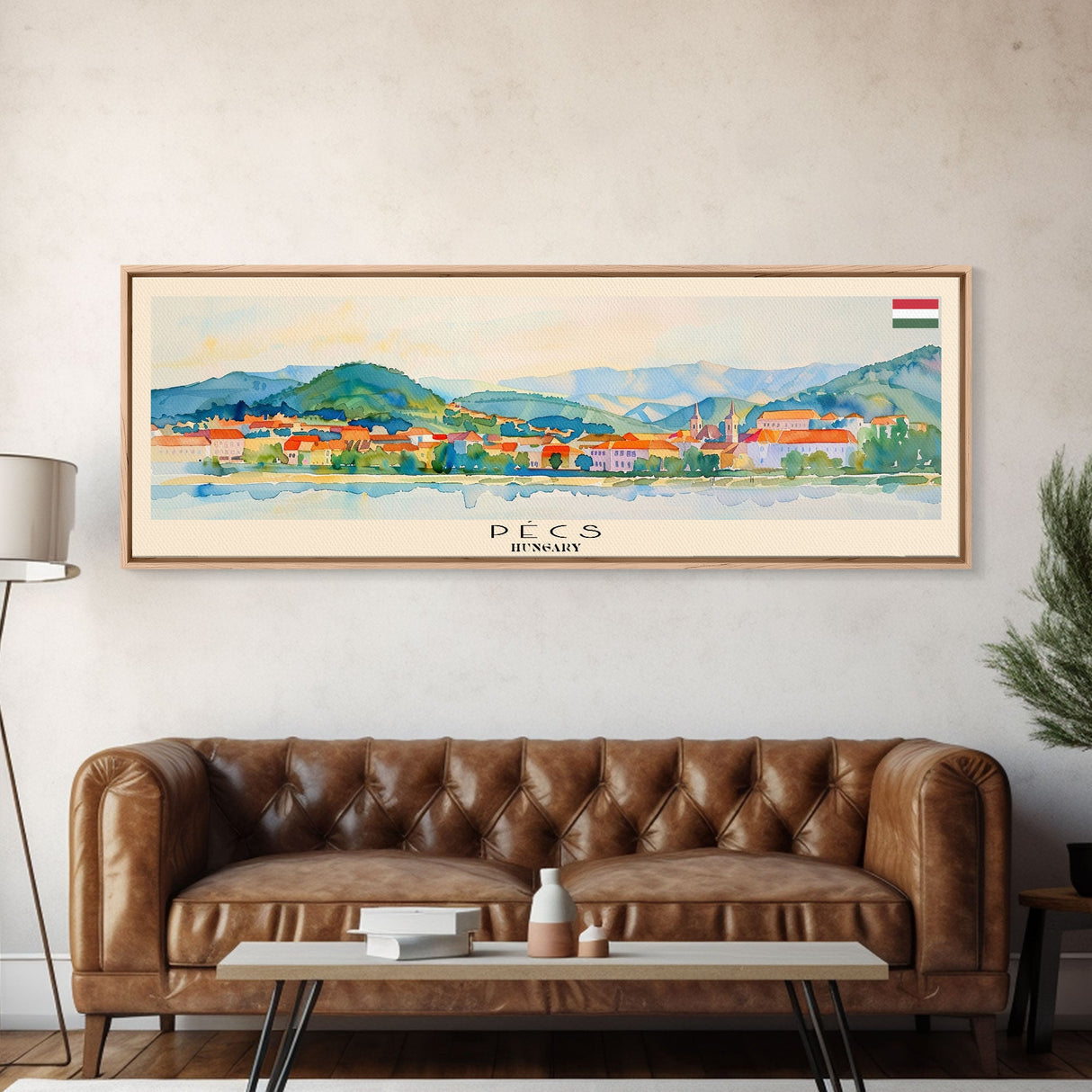 Pécs Hungary Panoramic Travel Poster, Framed Canvas Print or Metal Wall Art, Travel Art, Home Decor, Panoramic Painting, Midcentury Art