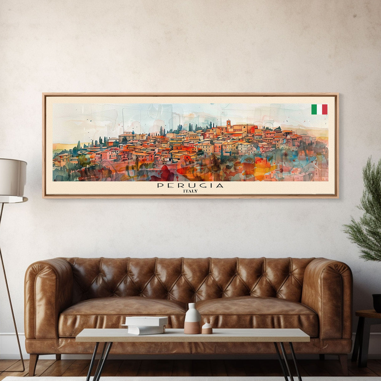 Perugia Italy Panoramic Travel Poster, Framed Canvas Print or Metal Wall Art, Travel Art, Home Decor, Panoramic Painting, Midcentury Art