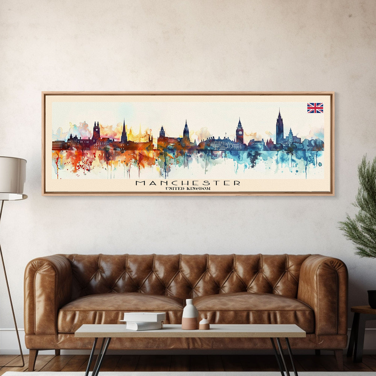 Manchester United Kingdom Panoramic Travel Poster, Framed Canvas Print or Metal Wall Art, Travel Art, Home Decor, Panoramic Painting, Midcentury Art